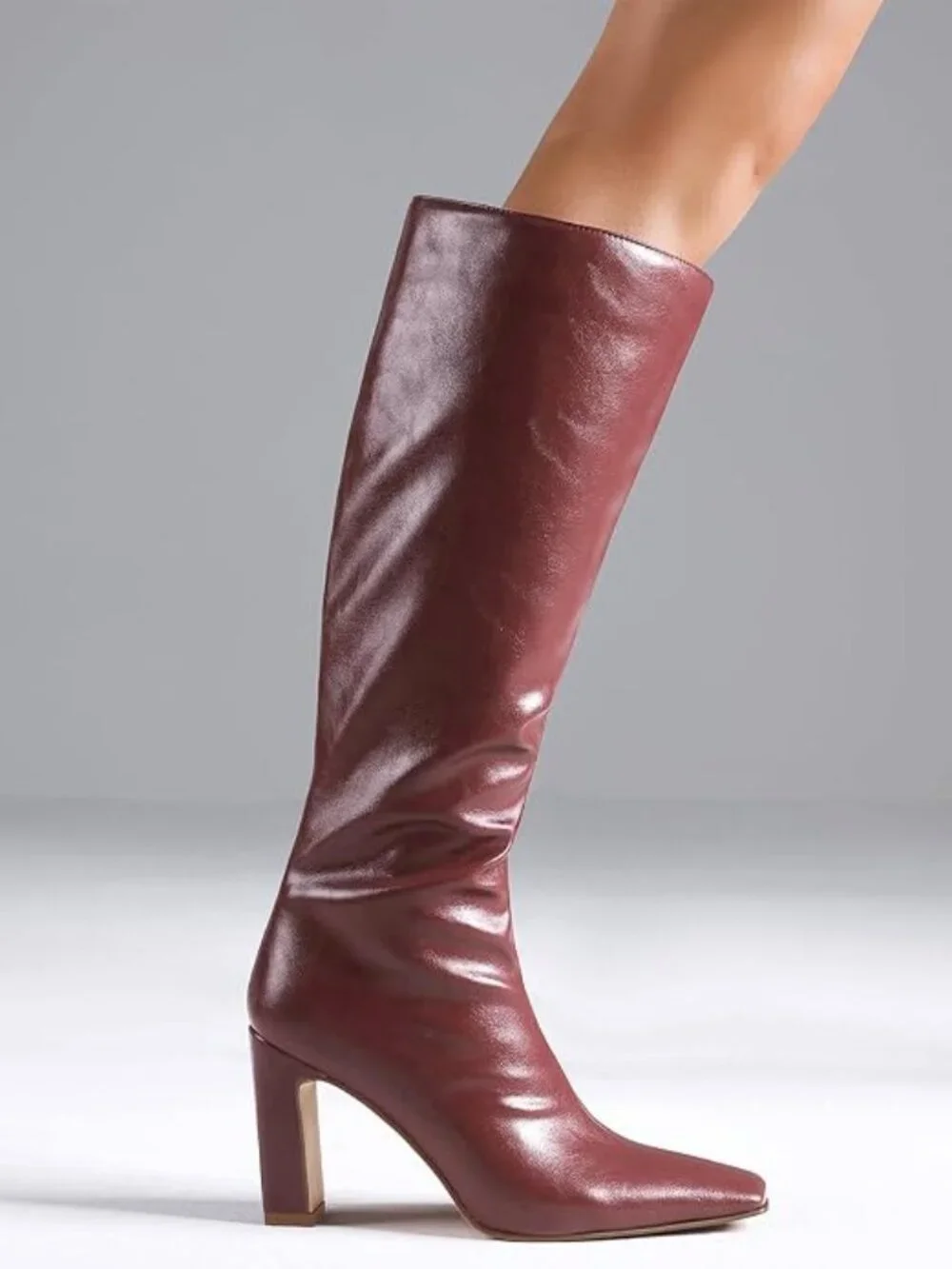 Women's Burgundy Closed Pointed Toe Chunky Heel Side Zipper Knee High Boots